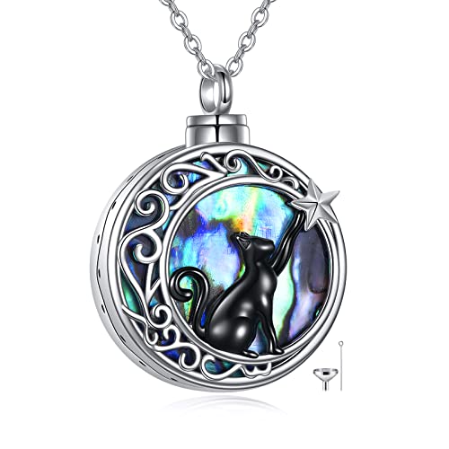 YFN Katze Urne Halskette für Asche Sterling Silber Schwarz Katze Mond Abalone Shell Anhänger Keepsake Memorial Einäscherung Schmuck für Frauen von YFN