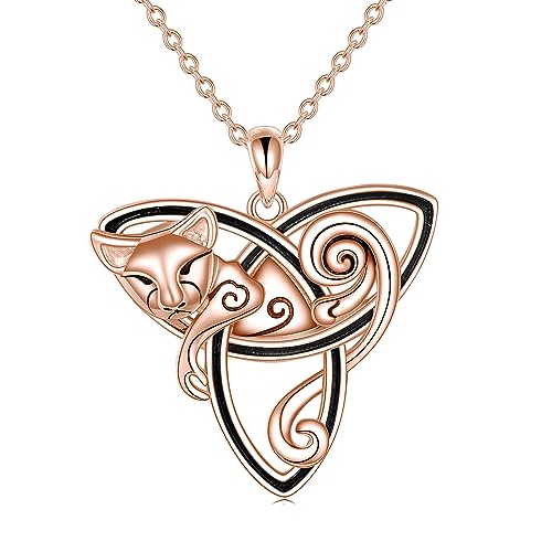 YFN Keltisch Katze Halskette Sterling Silber Roségold Anhänger Triquetra Dreifaltigkeitsknoten Katze Schmuck Geschenke für Damen Mädchen von YFN