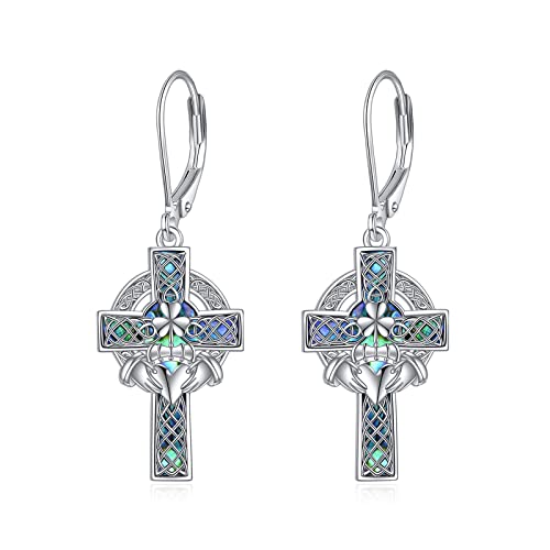 YFN Keltische Kreuz Ohrringe Sterling Silber Claddagh Ohrringe Abalone Baumeln Tropfen Hängend Ohrringe Religion Schmuck Christen Geschenke für Damen Herren von YFN