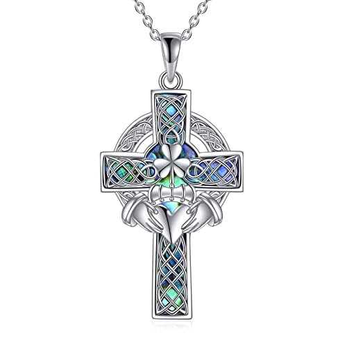 YFN Keltisches Kreuz Halskette Sterling Silber Keltischer Claddagh Anhänger Abalone Schale Kreuz Schmuck Geschenke für Damen Herren von YFN