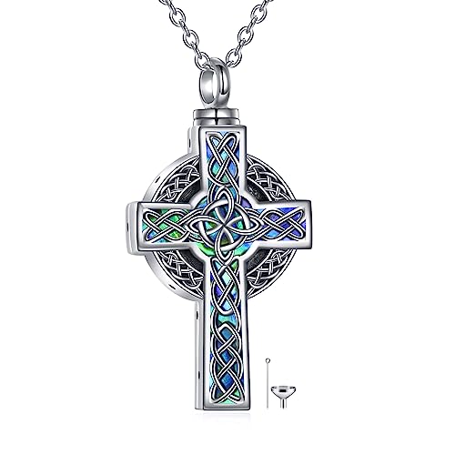 YFN Keltisches Kreuz Urne Halskette Sterling Silber Keltische Triquetra Trinity Asche Anhänger Abalone Schale Kreuz Kremation Schmuck Geschenke für Damen Herren von YFN