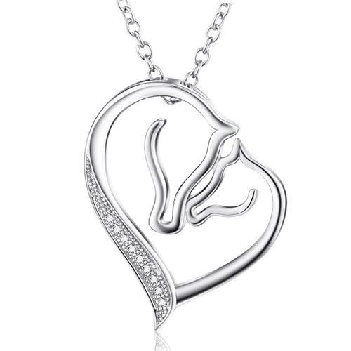 YFN Kette Damen 925 Sterling Silber Mutter und Kind Pferd Kopf Liebe Herz Anhänger Halskette, 45,7 cm Rolo Kette mit Geschenk Box von YFN