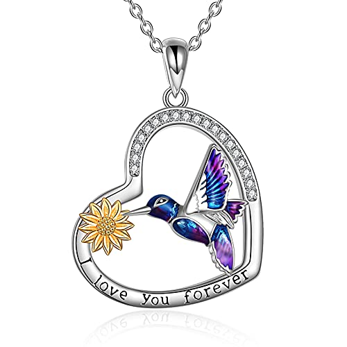 YFN Kolibri Halskette 925 Sterling Silber Vogel Halskette Schmuck Graviert Starke Brave Kostenlose Kolibri Geschenke für Frauen (Silber-Hummingbird Heart Necklace) von YFN