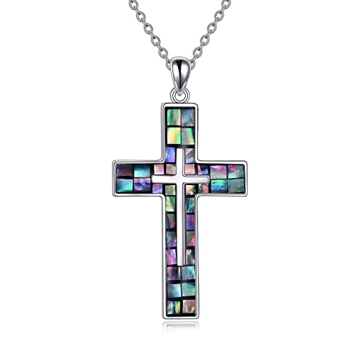 YFN Kreuz Halskette Sterling Silber Abalone Schale Kreuz Anhänger Religiöser Schmuck Geschenke für Damen Herren Mädchen Jungen von YFN