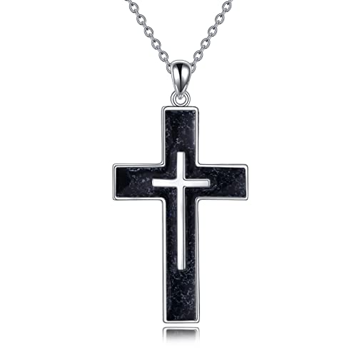 YFN Kreuz Halskette Sterling Silber Schwarz Turmalin Kreuz Anhänger Schmuck Geschenke für Damen Herren Mädchen Jungen von YFN