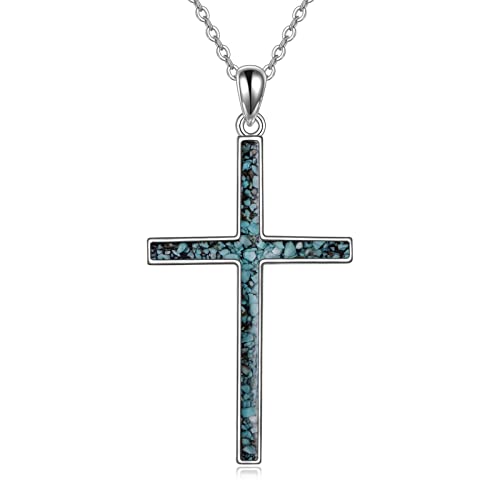 YFN Kreuz Halskette Sterling Silber Türkis Kreuz Anhänger Religiöser Schmuck Geschenke für Damen Herren Mädchen Jungen von YFN