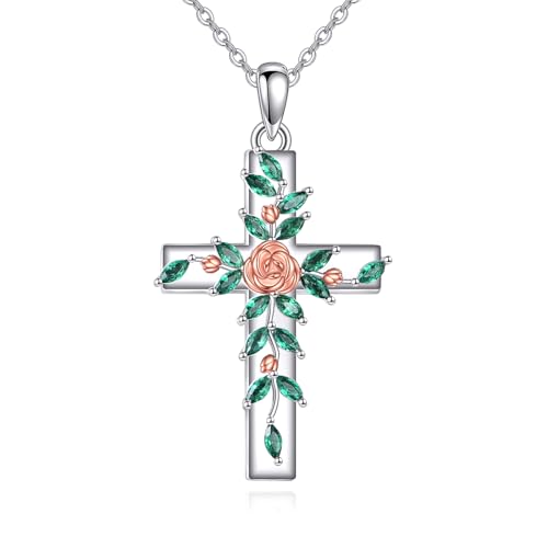 YFN Kreuz Kette Sterling Silber Rose Kreuz Anhänger Halskette CZ Kreuz Schmuck für Damen christliche Geschenke von YFN
