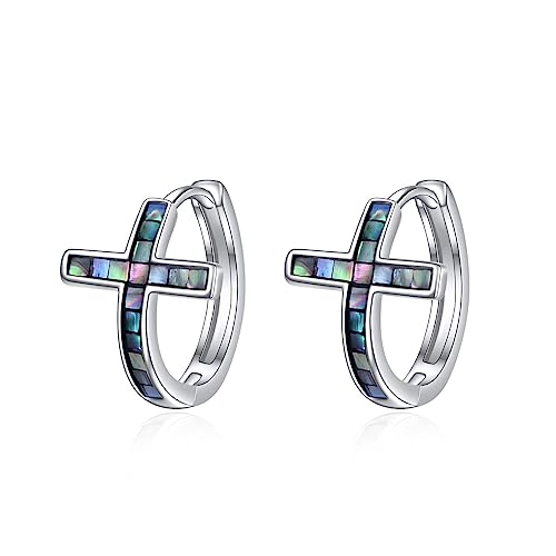 YFN Kreuz Reif Ohrringe Sterling Silber Abalone Schale Kreuz Reif Ohrringe Religiöser Schmuck Christen Geschenke für Damen Herren von YFN