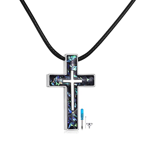 YFN Kreuz Urne Halskette für Asche Sterling Silber Abalone Schale Kreuz Kremation Anhänger Religion Andenken Schmuck Geschenke für Damen Herren von YFN