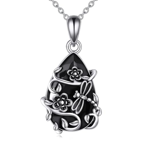 YFN Libelle Kette 925 Sterling Silber Obsidian Anhänger Halskette Turmalin-Kristallheilung Schmuck Spiritueller Schutz Geschenke für Damen von YFN