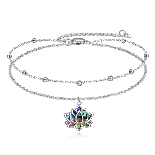 YFN Lotus Armband Damen 925 Sterling Silber Damen Fußkettchen Lotusblume Geschichtet Fußkette Verstellbare Sommer Strand Knöchel Armband Schmuck Geschenk von YFN