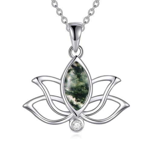 YFN Lotus Kette 925 Sterling Silber Moosachat Anhänger Halskette Blumen Schmuck Geschenke für Damen von YFN