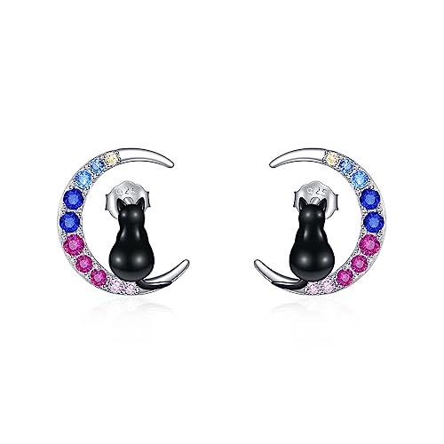 YFN Schwarze Katze Ohrringe Sterling Silber Niedliches Tier Schwarze Katze Mond Ohrstecker Schwarzer Katzen Schmuck Geschenke für Damen Mädchen von YFN