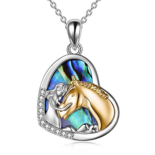 YFN Mädchen und Pferd Halskette für Mädchen Sterling Silber Pferdeschmuck Pferd Geschenke für Frauen (Gold Horse Halskette mit Abalone Shell) von YFN