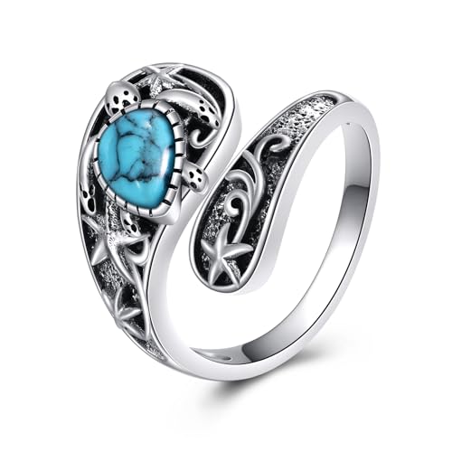 YFN Meer Schildkröte Ring 925 Sterling Silber Schildkröte Türkis Ring Verstellbar Vintage Daumen Löffel Ringe für Frauen Meer Schildkröte Geschenke von YFN