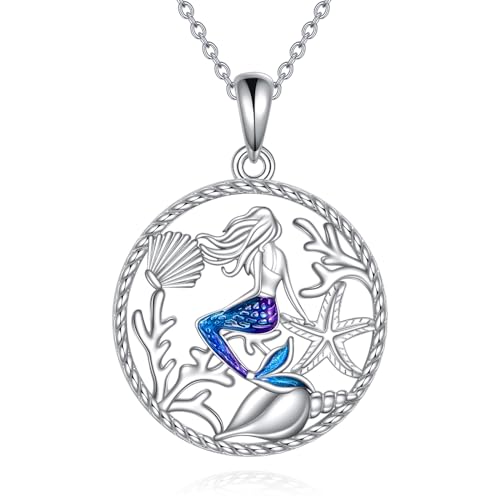 YFN Meerjungfrau Halskette Blau Meerjungfrau Seestern Anhänger Kette 925 Sterling Silber mit Tropfeinspeisung Anhänger Kette Schmuck Geschenke für Frauen Mädchen von YFN