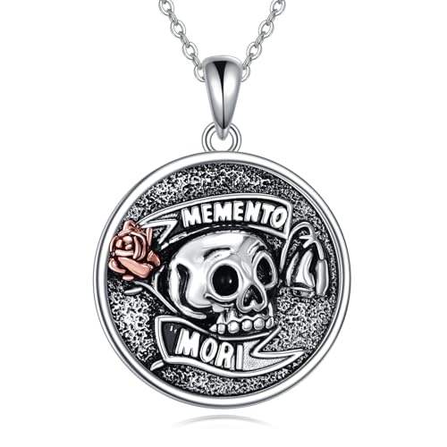 YFN Memento Mori Kette Sterling Silber Momento Mori Anhänger Halskette Rose Totenkopf Schmuck Geschenke für Damen von YFN