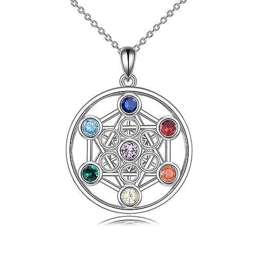 YFN Metatron Würfel Halskette Sterling Silber Heilige Geometrie Siegel des Erzengels Engel Anhänger 7 Chakra Schmuck Talisman Geschenke für Damen Herren von YFN