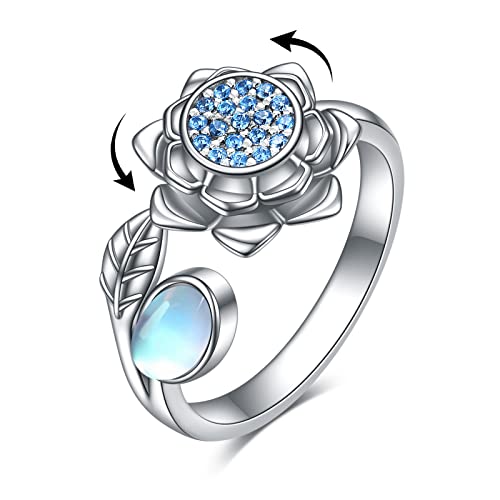 YFN Mondstein Lotus Ring, Rotierender 925 Sterling Silber Offener Ring für Damen Synthetischer Mondstein Natürlicher Lotusblüte Schmuck Geschenke gegen Angst von YFN