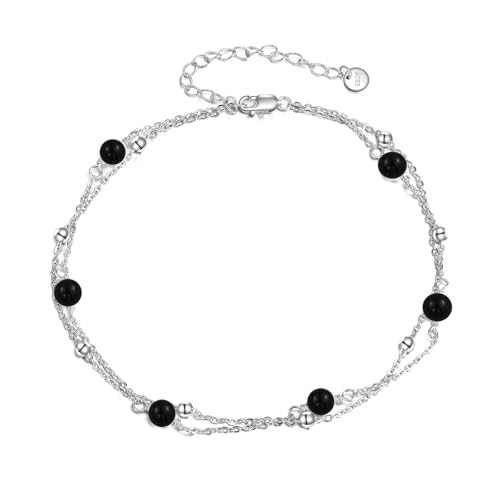 YFN Perlen/Mondstein/Türkis/Hessonit/Onyx/Rosenquarzit/Schwarze Perlen/Opal OpalArmband für Frauen S925 Sterling Silber Einstellbare Armband Strand Schmuck (Onyx, 9+2 inch) von YFN