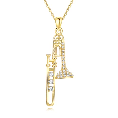 YFN Posaune Kette Sterling Silber vergoldet Trompetas Musicales Anhänger Halskette Musikinstrumentenschmuck Broadway Geschenk für Damen Posaunenspieler von YFN