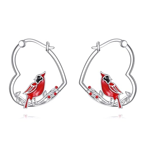 YFN Roter Kardinal Ohrringe Sterling Silber Tier Herz Creolen Ohrringe Hängend Tropfen Hängend Niedlich Schmuck Geschenke für Damen von YFN