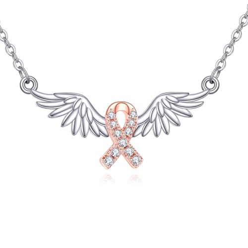 YFN S925 Sterling Silber Brustkrebs Bewusstsein Schmuck Flügel Halskette für Frauen – Inspirierende Geschenkidee für Überlebende und Unterstützer von YFN