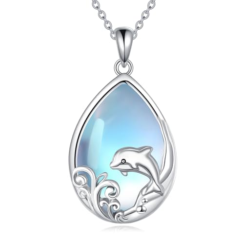YFN Delphin Kette 925 Sterling Silber Delphin Halskette Ozean Anhänger Mondstein Schmuck Geschenke für Damen Mutter von YFN