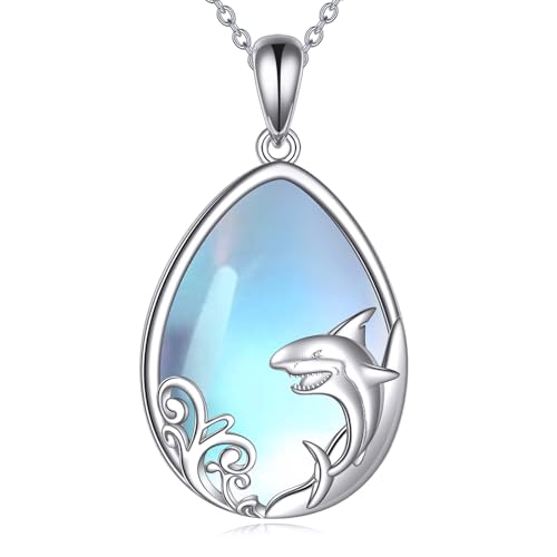 YFN Hai Kette 925 Sterling Silber Hai Halskette Ocean Beach Anhänger Mondstein Schmuck Geschenke für Damen Mutter von YFN