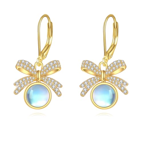YFN Schleife Ohrringe Sterling Silber Mondstein Bogen Ohrringe baumeln Hängend Schleifen Schmuck für Damen Schleifen Geschenke von YFN