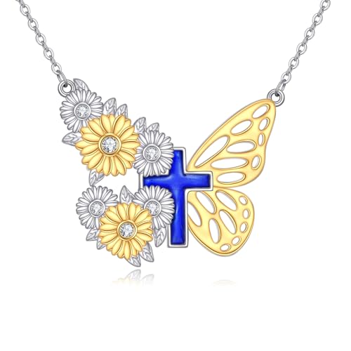 YFN Schmetterling Kreuz Kette Sterling Silber Sonnenblume Kreuz Anhänger Halskette Christlicher Schmuck für Damen Katholische Geschenke für Damen von YFN