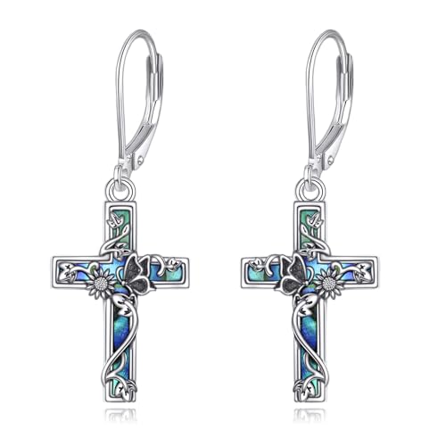 YFN Schmetterlingskreuz Ohrringe für Damen 925 Sterling Silber Abalone-Muschelkreuz Ohrringe Hängend Schmetterling Ohrringes Tropfen Schmuck Geschenk für Damen von YFN