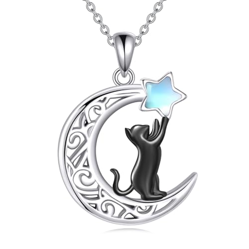YFN Schwarze Katze Halskette für Frauen Sterling Silber Mond Mondstein Katze Schmuck für Frauen Mutter Freundin von YFN