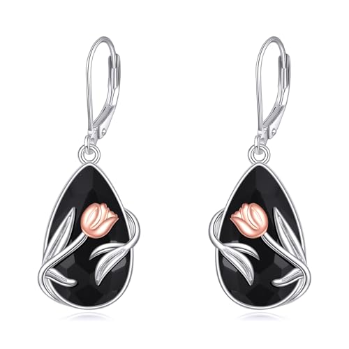 YFN Tulpe Ohrringe Sterling Silber Schwarz Turmalin Tropfen Ohrringe Schmuck Spirituellen Schutz Geschenke für Damen von YFN