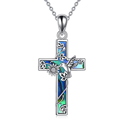 YFN Sonnenblume Kreuz Halskette Sterling Silber Kolibri Kreuz Anhänger Abalone Schmuck Religiöse Christliche Taufe Geschenke für Sie Damen Mädchen von YFN