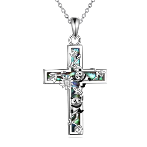 YFN Sonnenblume Kreuz Halskette Sterling Silber Panda Kreuz Anhänger Abalone Shell Schmuck Religiöse Christliche Taufe Geschenke für Sie Damen Herren von YFN