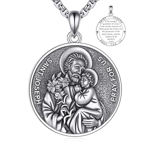 YFN St. Joseph Halskette 925 Sterlingsilber für Männer Heiliger Joseph Medaillon Schutzpatron der Arbeiter & Väter Anhänger 22"+2" Kette, Katholischer Religiöser Schmuck Geschenk Abschluss Vatertag von YFN