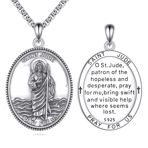 YFN St. Judas Halskette für Männer Frauen Sterlingsilber Schutzpatron der Hoffnung & Wunder Medaillon Anhänger Heiliger Judas, 22"+2" Verstellbare Kette, Religiöser Schmuck Geschenk für Katholiken von YFN