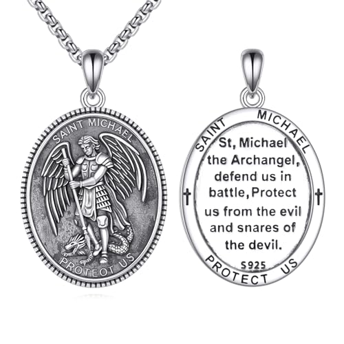 YFN St. Michael Erzengel Halskette für Männer Frauen 925 Sterlingsilber Heiliger Michael Anhänger Schutzpatron der Polizei & Militär Medaillon 22+2" Kette Katholischer Spiritueller Schutz Schmuck von YFN