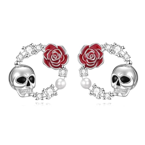 YFN Totenkopf Ohrringe Sterling Silber Totenkopf Rose Ohrstecker Totenkopfschmuck für Frauen Mädchen Totenkopf Geschenke für Tochter Enkelin Rave Party Halloween von YFN