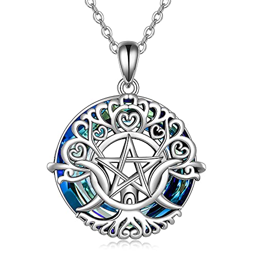 YFN Triple Moon Göttin Halskette Sterling Silber Pentagramm Pentagramm Anhänger Halskette Pagan Wiccan Magic Amulett Baum des Lebens Schmuck für Frauen Männer Women 18" (Blue) von YFN