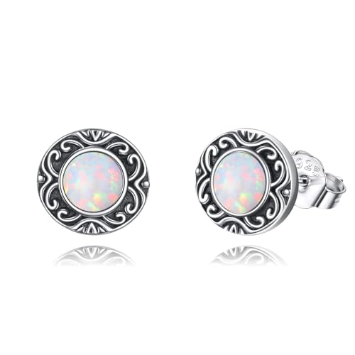YFN Weißer Opal Ohrstecker Damen 925 Sterling Silber Opal Ohrringe Stecker Runde Ohrstecker Mit Weißeopal Stein Kleine Opalstein Schmuck Geschenke für Damen Mädchen von YFN