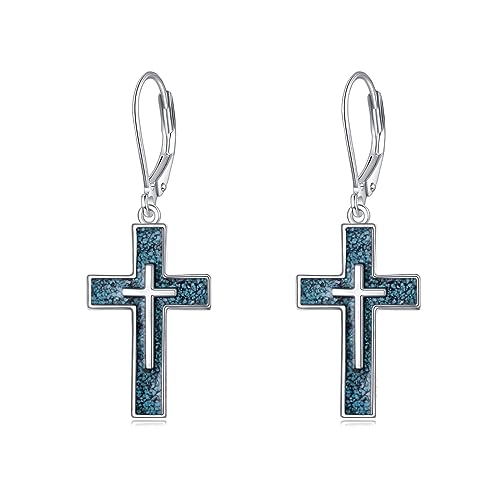 YFN Türkis Kreuz Ohrringe Sterling Silber Religiöses Kreuz Ohrringe Baumeln Tropfen Ohrringe Schmuck Christliche Geschenke für Damen von YFN