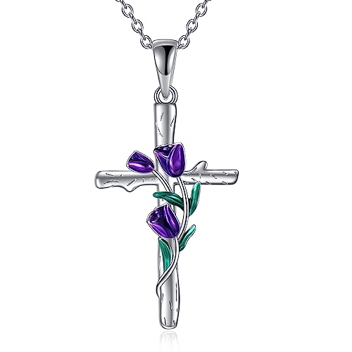 YFN Tulpe Halskette für Frauen Sterling Silber Tulpe Herz Anhänger Schmuck für Mädchen Mutter Tochter Geburtstag Weihnachten Geschenke (Kreuz) von YFN