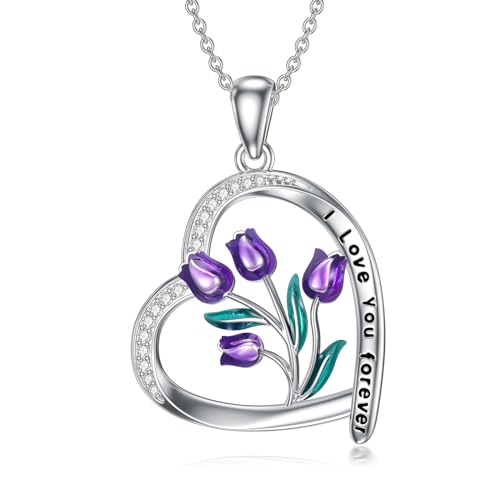 YFN Tulpen-Halskette aus Sterlingsilber lila Tulpen-Blumen-Halskette Tulpen-Herz-Halskette Tulpen-Schmuck Geschenke für Frauen Teenager Mädchen Tulpenliebhaber Geburtstag von YFN