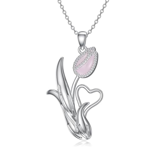 YFN Tulpen Kette Sterling Silber Rosenquarz Tulpen Anhänger Halskette Tulpen Schmuck für Damen Männer Tulpen Geschenk für Mutter Oma Frauen von YFN