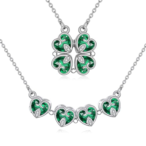 YFN Vierblättrige Kleeblatt-Halskette für Frauen Sterling Silber Mondstein Herzform Cabrio-Anhänger (Grün) von YFN