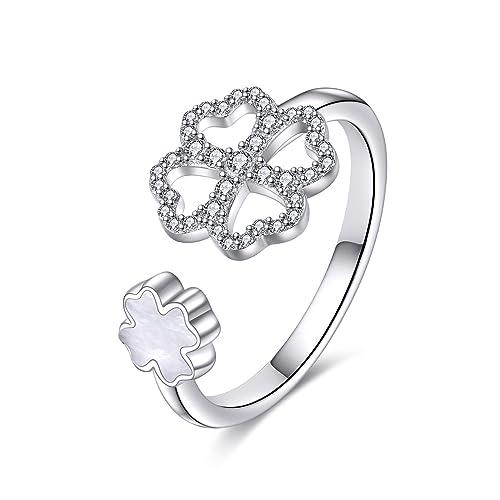 YFN Vierblättriges Kleeblatt Offener Ring Sterling Silber Malachit Zirkonia Glücklich Verstellbarer Ring Schmuckgeschenk für Damen Herren von YFN