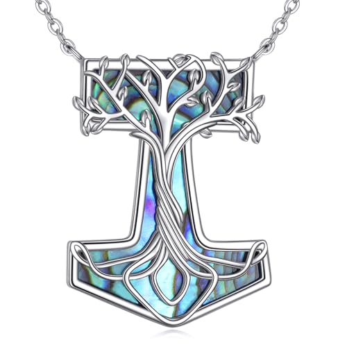 YFN Wikinger Halskette Sterling Silber Mjolnir Wikinger Anhänger Halskette Abalone Baum des Lebens Thors Hammer Schmuck für Frauen Thors Hammer Geschenke von YFN