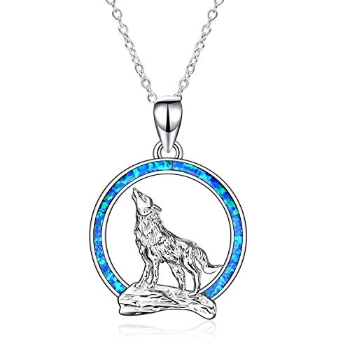 YFN Wolf Anhänger Halskette 925 Sterling Silber mit Opal Moon Halskette 18 "Geburtstagstag Schmuck für Freundin Frau (Blaue Opal Wolf Halskette) (Blaue Opal Wolf Halskette) von YFN